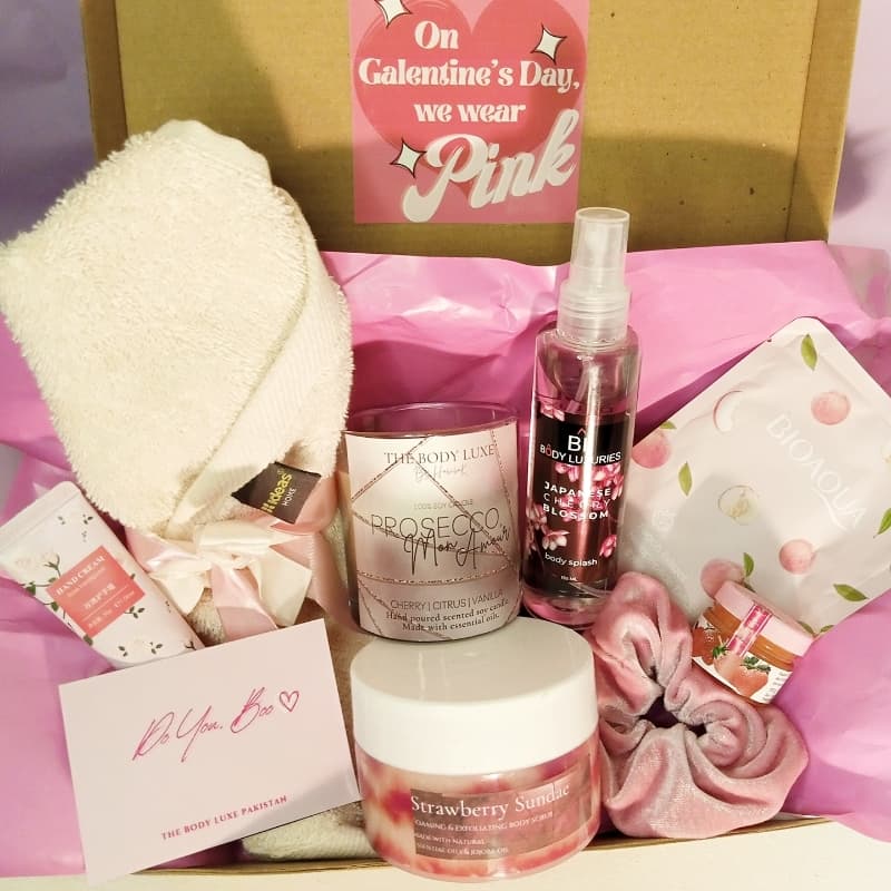 Galentine's day special bath & body care pink gift box for friends.