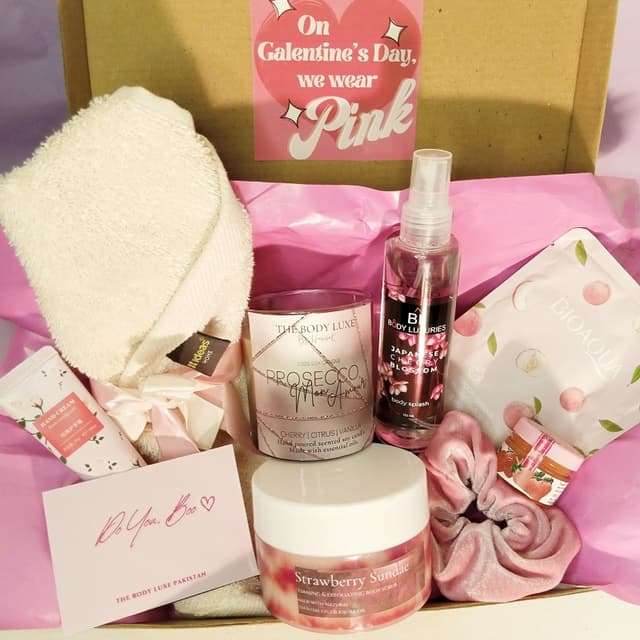 Galentine's day special bath & body care pink gift box for friends.